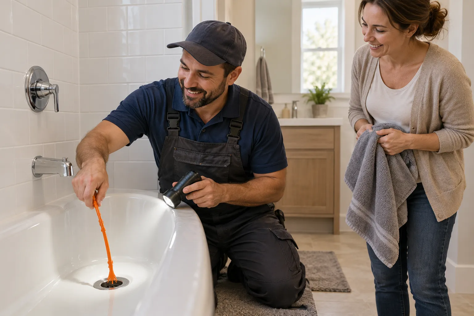 A plumbing provider using a plunger and flashlight at a household drain in the Whittier area